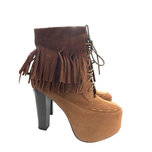 Urbanog leah-98 women size 8.5 Brown Fringe Lace-Up Platform Ankle Booties shoes - Picture 3 of 7